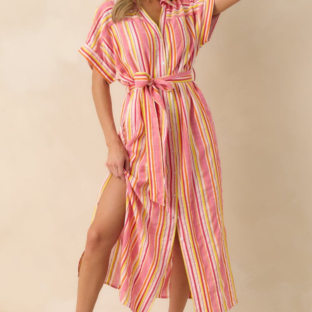 Red Dress I Could Never Forget You Pink Stripe Rayon Maxi Shirt Dress Size LL /